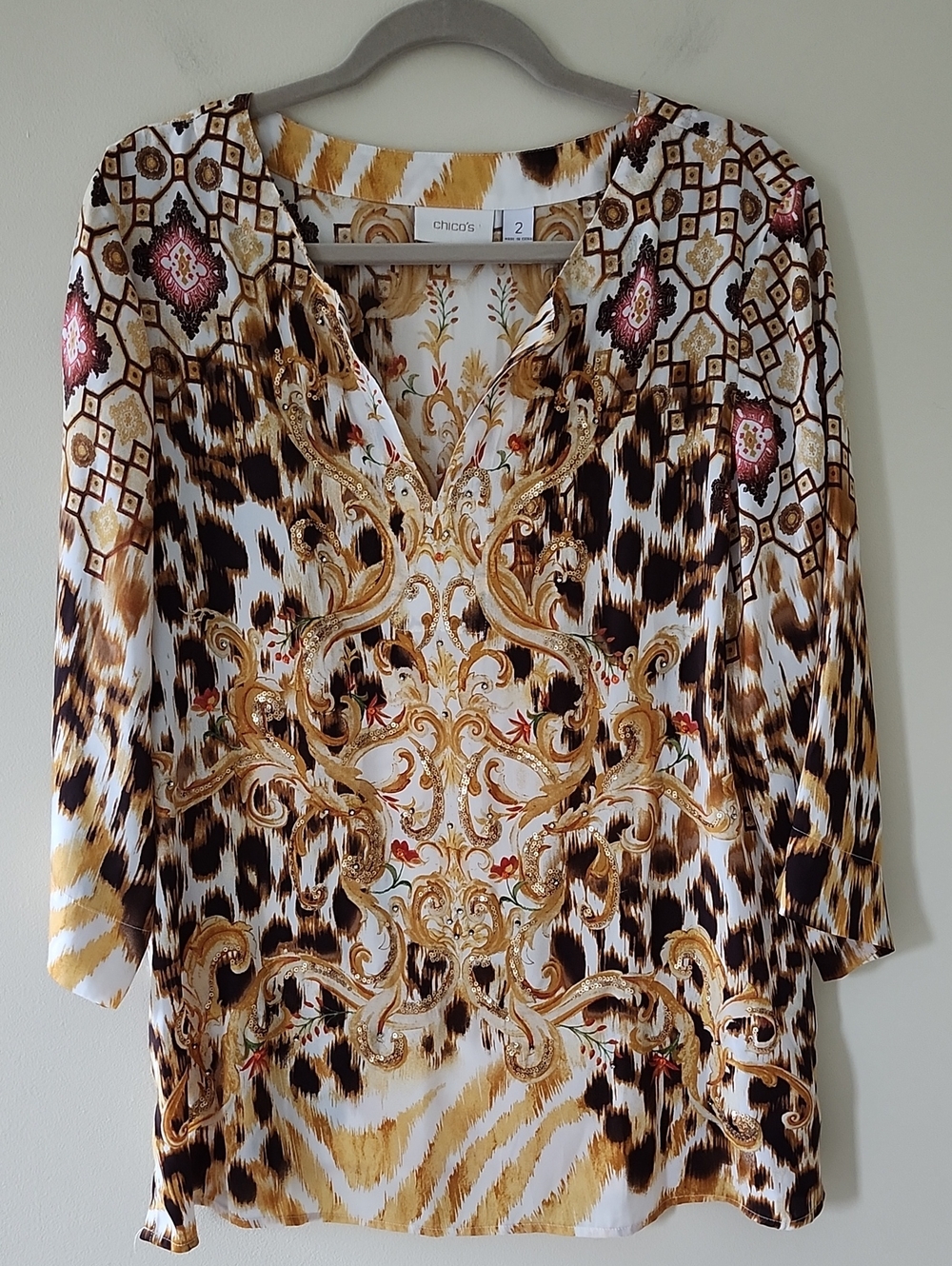 Chico's Embellished Silky Animal Print Tunic - Large (Size 2)